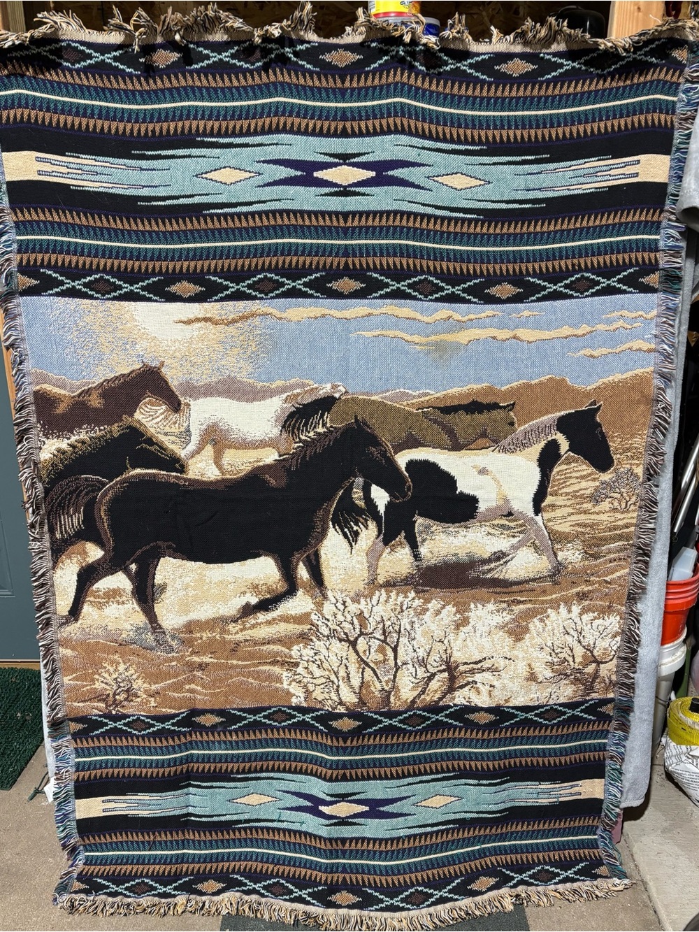 Vintage Goodwin Weavers Throw Tapestry Aztec Southwest Western Horses 48x70